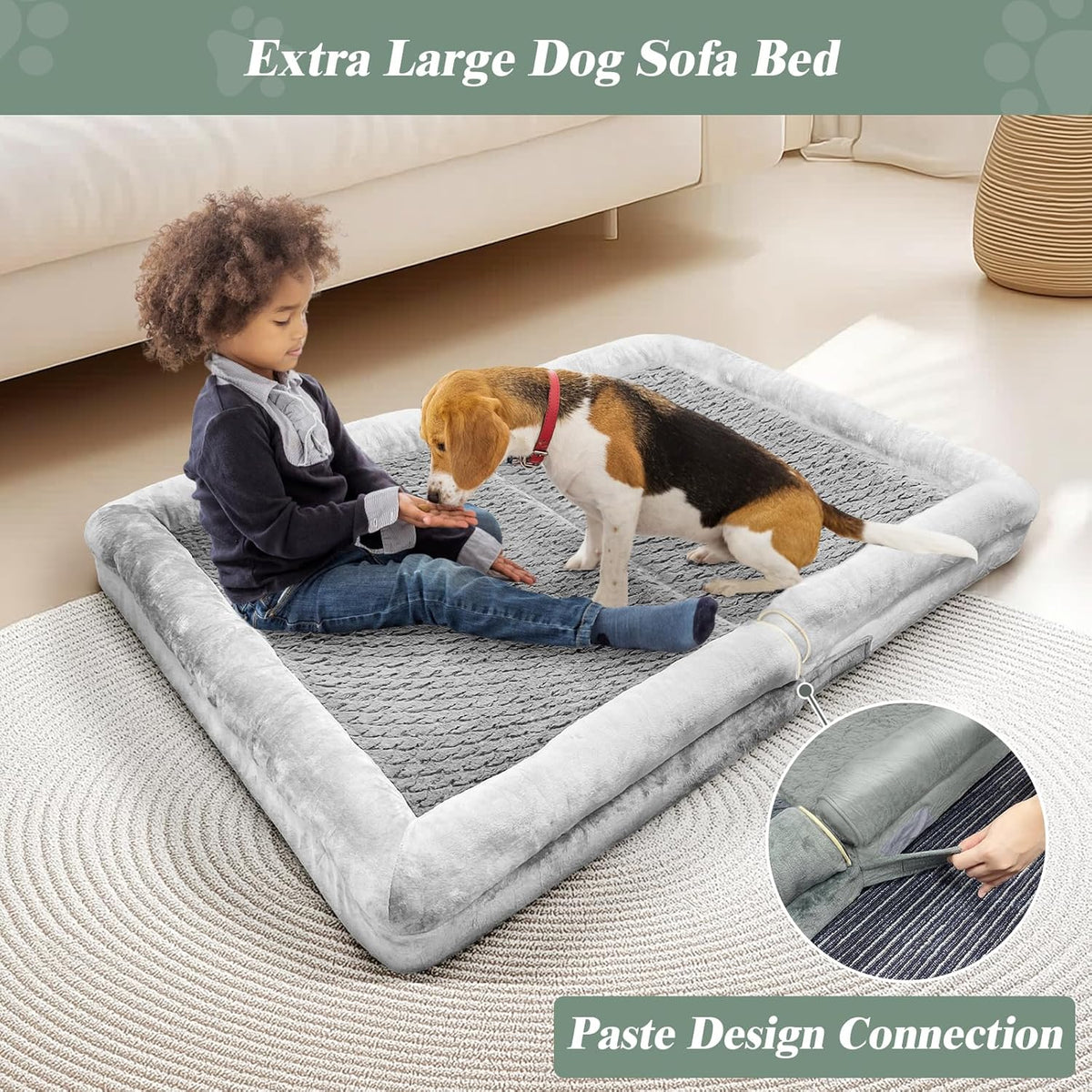 ROOMTEC Orthopedic Dog Bed for Large Dog,Memory Foam XL Extra Large Dog Bed with Stickable Design Waterproof Dog Couch Bed with Washable Removable Cover(36 in,Grey)