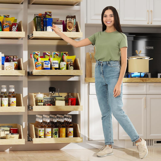 ROOMTEC Pull Out Cabinet Organizer with Full Extension Rail Slides, Pull Out Shelf for Kitchen Cabinet Pantry, Beveled 8" High Pull out Drawer Storage Organizer with U Bracket, 10½"W×21"D, Hard Close