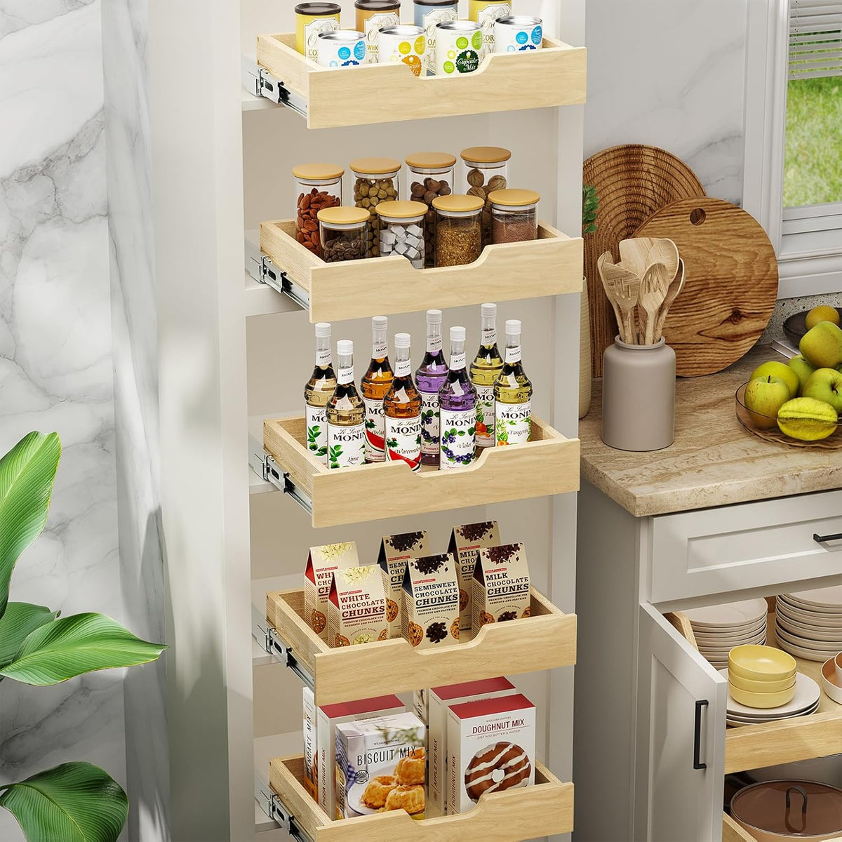 ROOMTEC Soft Close Wood Pull Out Cabinet Organizer with U-Bracket, Slide Out Cabinet Organizer with Full Extension Rail Slides Pull Out Drawer for Wall Cabinets and Pantry,19½” W x 10 ³/₁₀” D…
