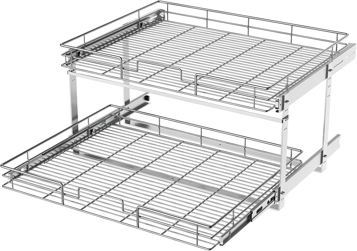 ROOMTEC 2 Tier Individual Pull Out Cabinet Organizer 30" W x 21½" D, Slide Out Kitchen Cabinet Storage Sliding Shelves