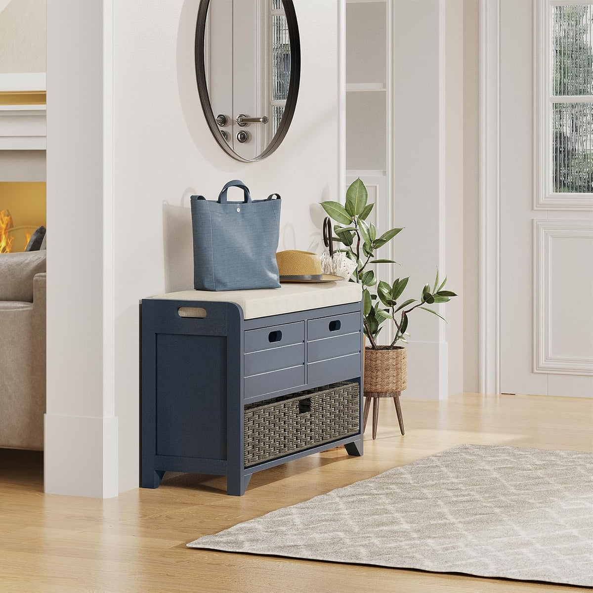 ROOMTEC 32" Storage Bench for Entryway, Shoe Bench with Storage Removable Basket and 2 Drawers, Entryway Bench with Shoe Storage, Entryway Storage for Living Room, Navy