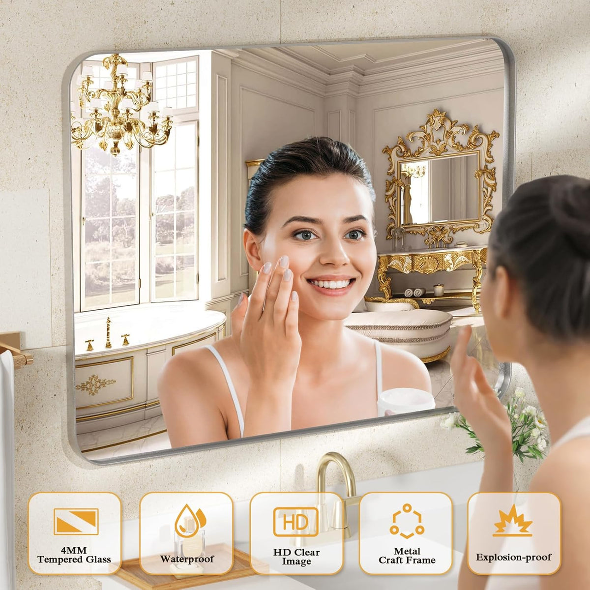 ROOMTEC Gold Bathroom Mirrors for Wall, 20X30 Inch Rounded Rectangle Mirror, Gold Bathroom Vanity Mirror, Metal Framed Wall-Mounted Mirror,Tempered Glass,（Horizontally or Vertically