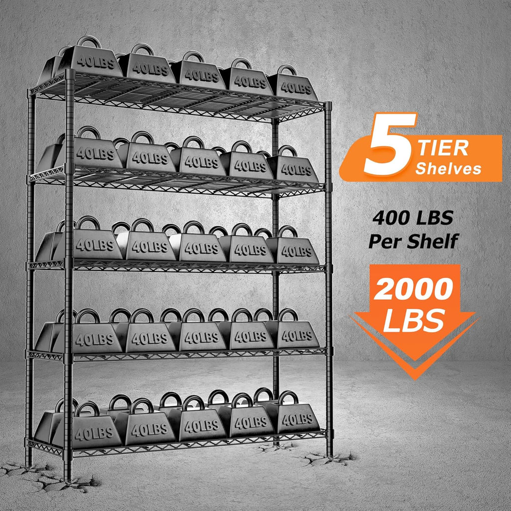 Roomtec Storage Shelves Heavy Duty, 48" L x 20" W x 72" H Garage Wire Shelving Unit Loads 2000LBS, 5-tier Adjustable Metal Industrial Utility Shelf Rack for Kitchen, Laundry Room, Pantry, Warehouse, Basement