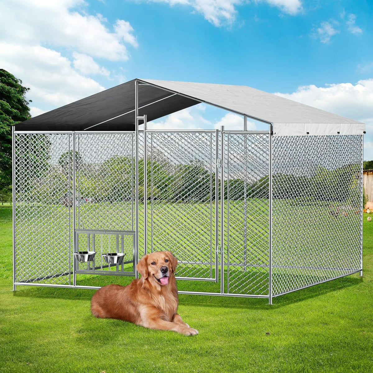 ROOMTEC Outside Dog Kennel with Roof Heavy Duty Outdoor Dog Kennel with 2 Rotating Bowls and Updated Secure Lock Large Dog Kennel with Removable Cover for Large Pet (7.5'x7.5'x5.6')