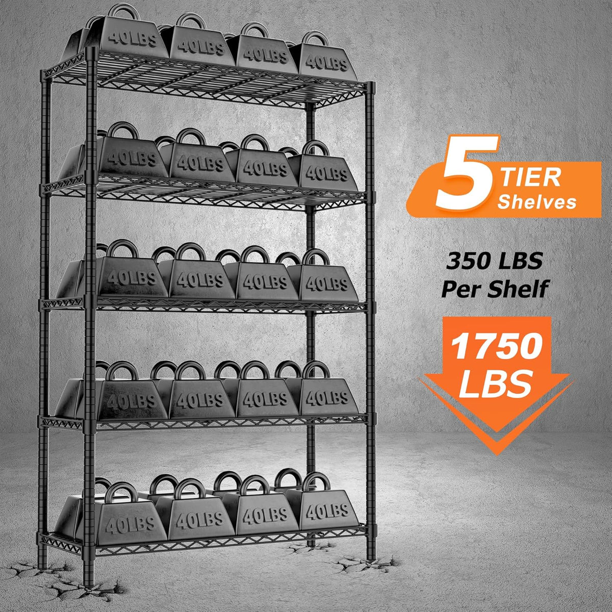 Roomtec Storage Shelves Heavy Duty, 48" L x 20" W x 72" H Garage Wire Shelving Unit Loads 2000LBS, 5-tier Adjustable Metal Industrial Utility Shelf Rack for Kitchen, Laundry Room, Pantry, Warehouse, Basement