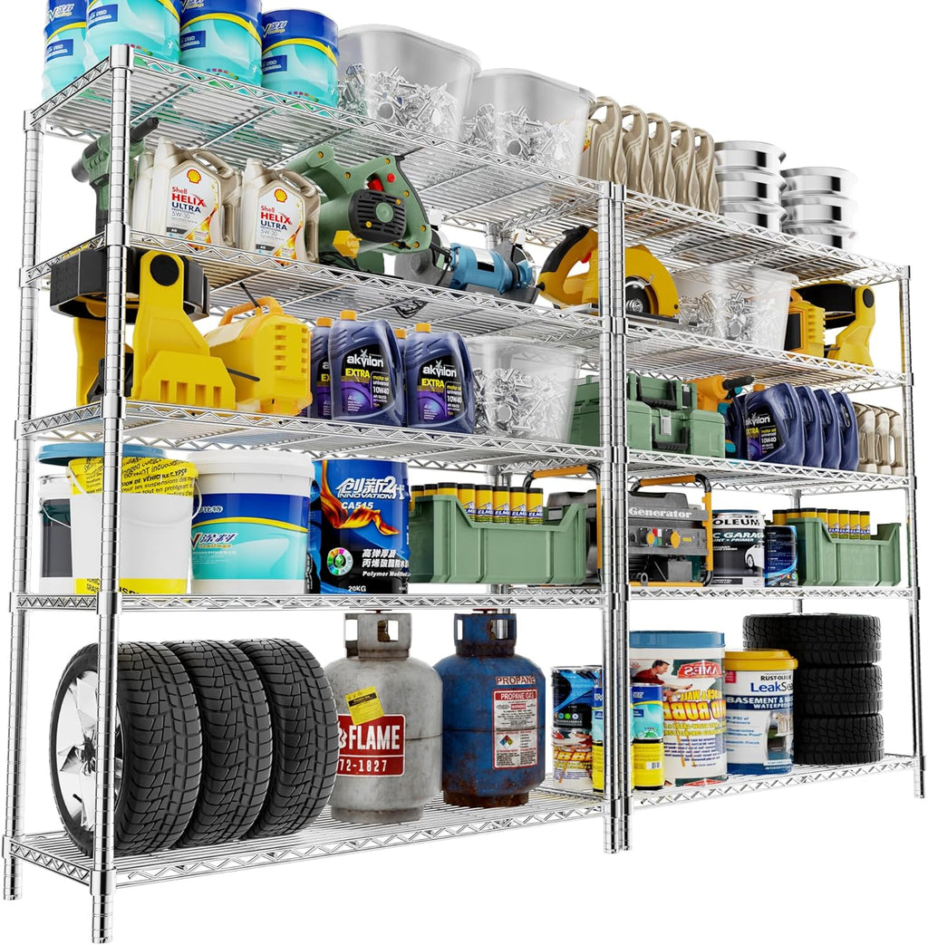 Roomtec Storage Shelves Heavy Duty, 48" L x 20" W x 72" H Garage Wire Shelving Unit Loads 2000LBS, 5-tier Adjustable Metal Industrial Utility Shelf Rack for Kitchen, Laundry Room, Pantry, Warehouse, Basement