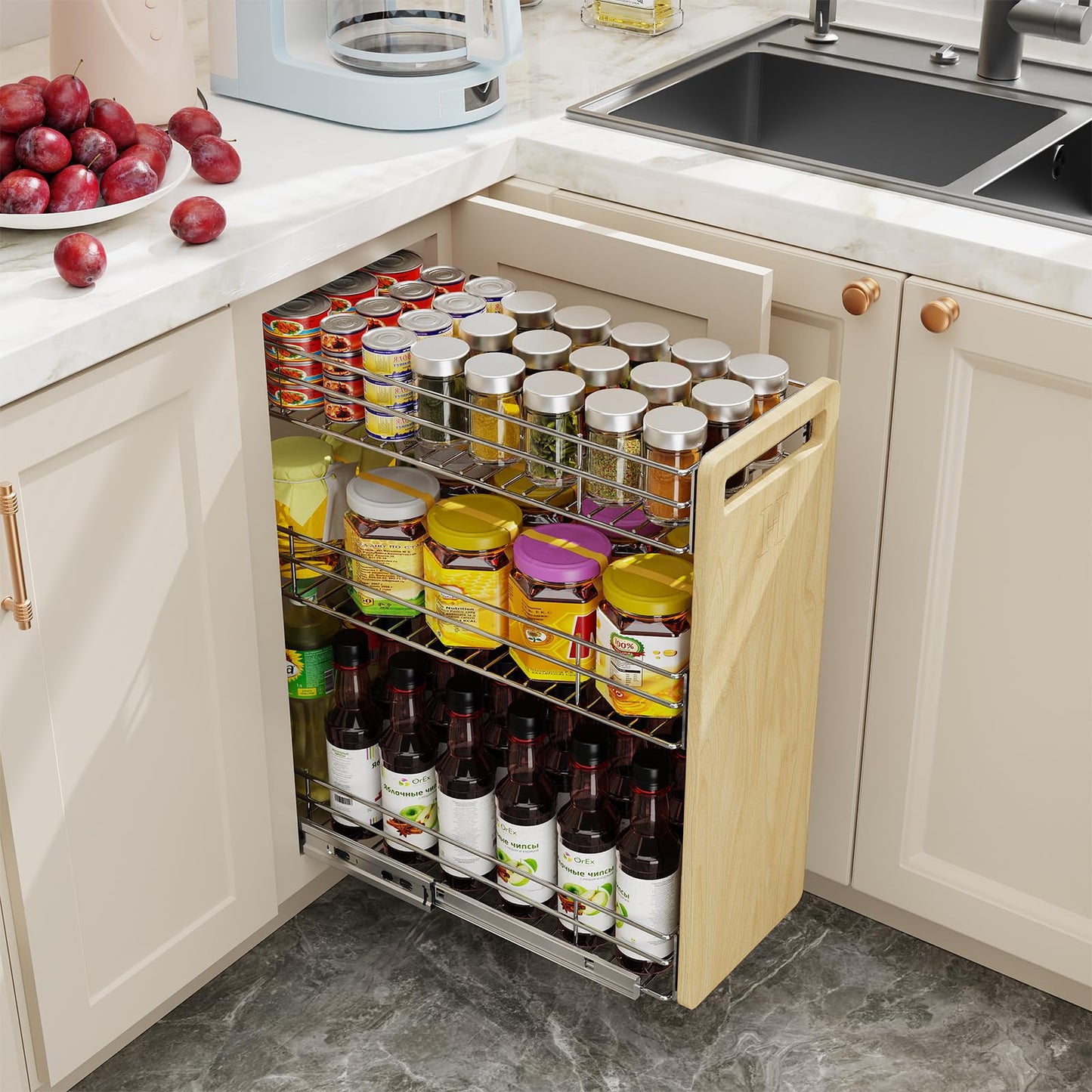3-Tier Pull-Out Shelf With Wooden Handle Planks
