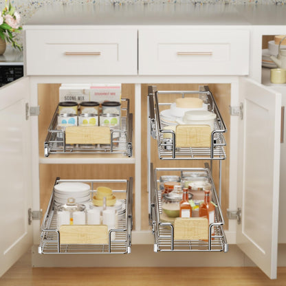 2 Tier Pull Out Drawers For Kitchen Cabinets with Wooden Handle