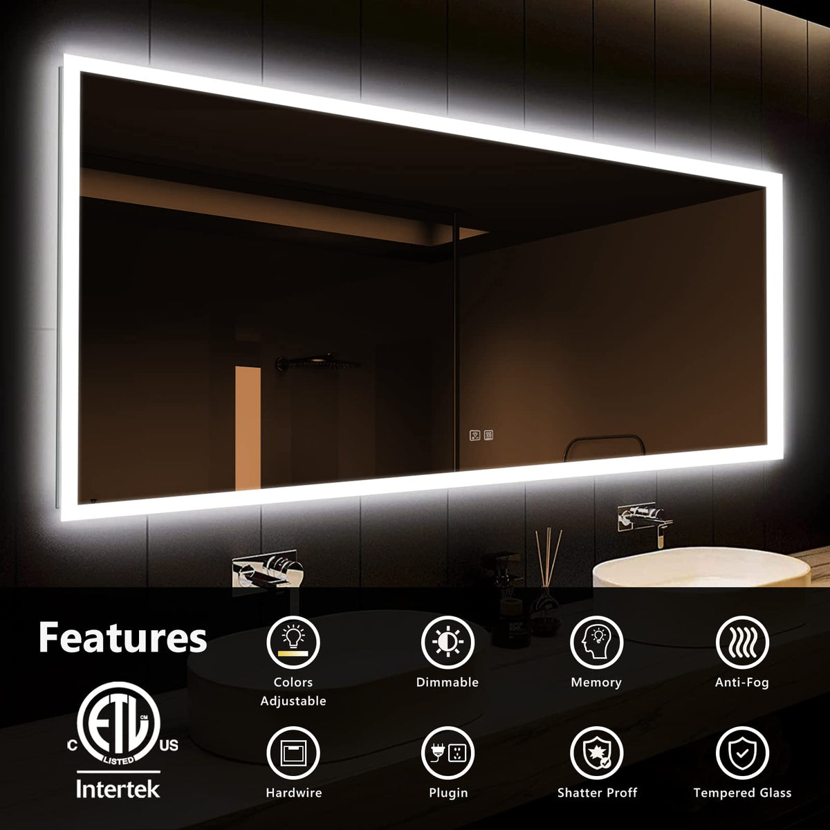 Frameless Rectangular Led Bathrooms Mirrors with Dimmable Lights