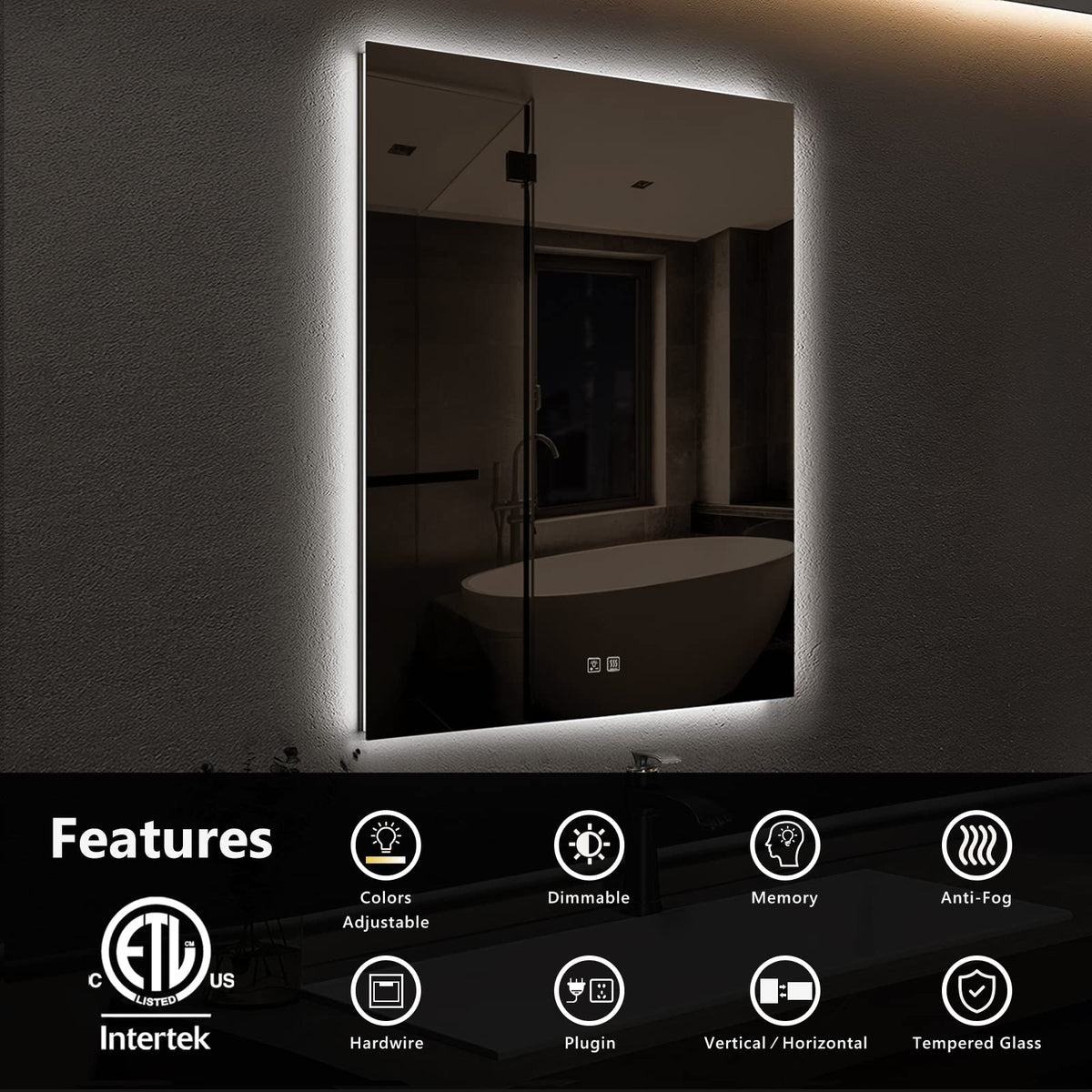 Frameless Square LED Backlit Bathroom Mirror with Dimmable Lights