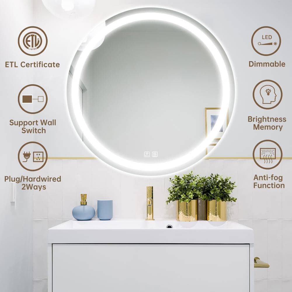 Round Led Backlit Bathroom Vanity Mirror With Dimmable Lights