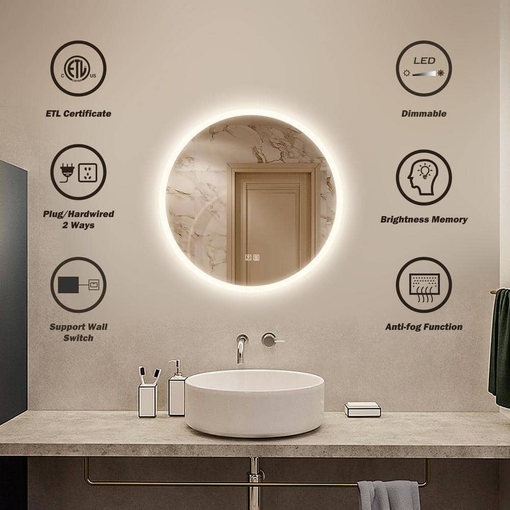 Round LED Bathroom Vanity Mirror With Dimmable Lights